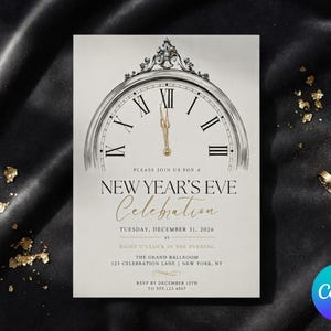 May include: A rectangular invitation card featuring a black and white illustration of a clock face with gold hands set to midnight. The text reads: PLEASE JOIN US FOR A NEW YEAR'S EVE Celebration TUESDAY, DECEMBER 31, 2026 AT EIGHT O'CLOCK IN THE EVENING.