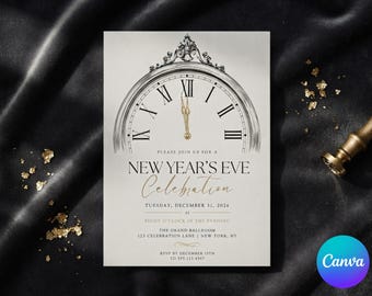 May include: A rectangular invitation card featuring a black and white illustration of a clock face with gold hands set to midnight. The text reads: PLEASE JOIN US FOR A NEW YEAR'S EVE Celebration TUESDAY, DECEMBER 31, 2026 AT EIGHT O'CLOCK IN THE EVENING.