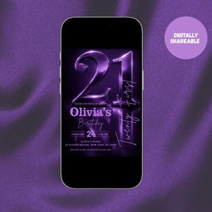 Elegant purple metallic 21st birthday invitation card with glowing "21" graphic and customizable party details.