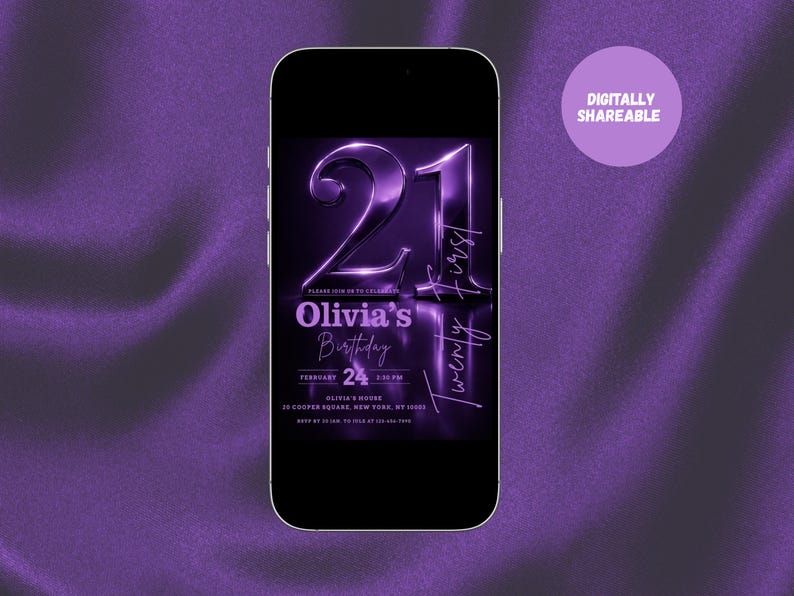 Elegant purple metallic 21st birthday invitation card with glowing "21" graphic and customizable party details.