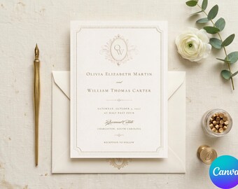 Elegant Wedding Invitation Template, Editable Minimalist Luxury Stationery Invite, Printable Bridal Shower Card, Canva 5x7 Digital Download