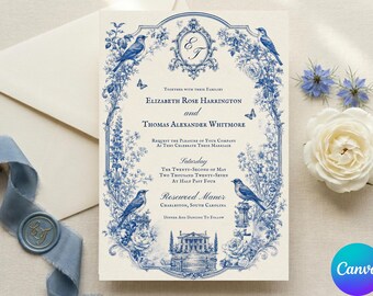 May include: A cream-colored wedding invitation card featuring a blue toile-style border with birds, butterflies, and floral motifs. The text includes the names Elizabeth Rose Harrington and Thomas Alexander Whitmore, with date and venue details.