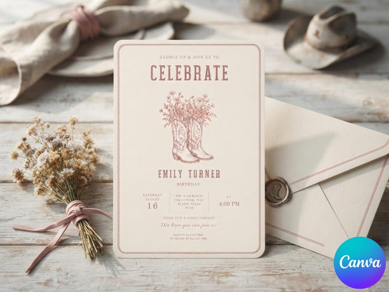 K&ouml;nnte beinhalten: Eine rechteckige, cremefarbene Geburtstagseinladungskarte mit einer rosafarbenen Illustration von Cowboystiefeln, die mit Wildblumen gef&uuml;llt sind. Der Text lautet "SADDLE UP & JOIN US TO CELEBRATE", "EMILY TURNER", "BIRTHDAY" und enth&auml;lt Veranstaltungsdetails.