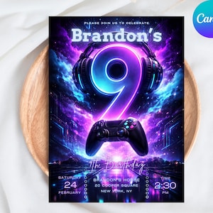 May include: A vibrant invitation for a 9th birthday celebration. The design features a large number 9 with headphones, a game controller, and the name "Brandon's". The background is a colorful nebula with event details at the bottom.