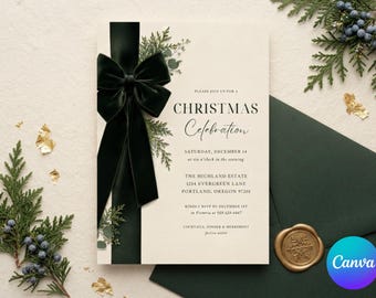 Emerald Green Velvet Bow Christmas Party Invitation, Elegant Festive Dinner Holiday Party Invite, Winter Holiday Celebration Template, 5x7