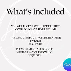 May include: A digital graphic with the text "What's Included" at the top. The text below details the contents: a PDF file with a Canva template link for an editable 5x7 inch invitation. A Canva logo is in the bottom right.