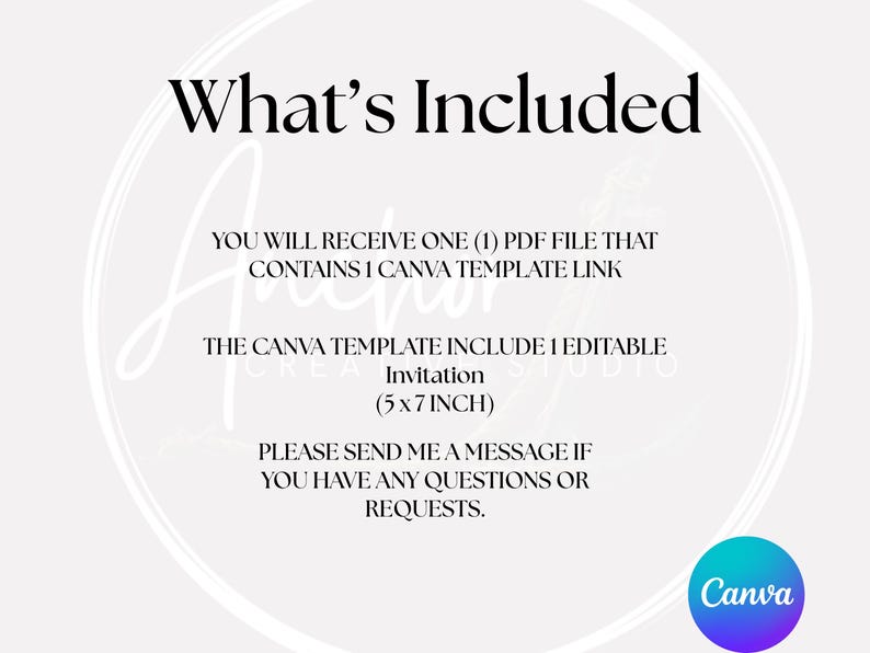 May include: A digital graphic with the text "What's Included" at the top. The text below details the contents: a PDF file with a Canva template link for an editable 5x7 inch invitation. A Canva logo is in the bottom right.