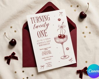 21st Birthday Invitation Template, Cocktail Party Invite, Turning 21 Girls Birthday, Red Cherry Martini Party, Chic Glam 21st Bday Evite