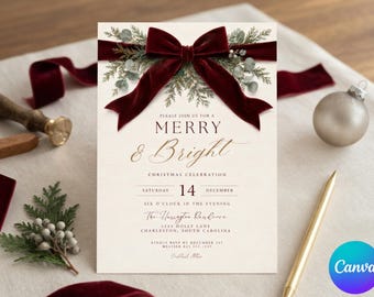 Merry and Bright Christmas Party Invitation Template, Winter Holiday Dinner Invite, 5x7 Canva Digital Template