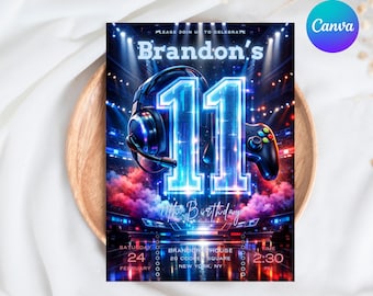 May include: A vibrant birthday invitation with a gaming theme. The design features a large, glowing number 11, a headset, and a game controller. The invitation includes the name "Brandon's", the date, time, and location.