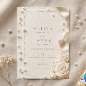 May include: A cream-colored wedding invitation card featuring the names Olivia Harrington and James Whitmore, date August 23, 2026, and location Villa di Lusso, Lake Como, Italy. The card is decorated with white pearls and white roses.