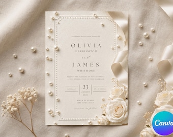 May include: A cream-colored wedding invitation card featuring the names Olivia Harrington and James Whitmore, date August 23, 2026, and location Villa di Lusso, Lake Como, Italy. The card is decorated with white pearls and white roses.