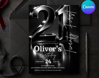 21st Birthday Invitation Template for Him, Modern Black and Silver Birthday Party Invite, Mens Luxury 5x7 Canva Digital Download