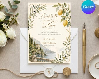 May include: A wedding invitation card featuring a cream background, gold border, and watercolor illustrations of lemon branches and olive leaves. The text reads Isabella and Luca, July 31, 2027, Villa Bellavista, Lake Como, Italy, with a coastal landscape.