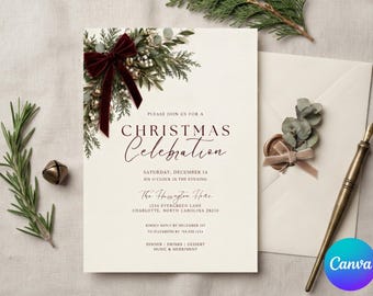 Christmas Holiday Dinner Party Invitation Template, Festive Winter Gathering Invite, Velvet Bow Holiday Party, 5x7 Canva Digital Download