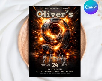 9th Birthday Invitation Boy, Fire and Sparkler Birthday Invite Template, Metallic 3D Number 9 Party, Editable 5x7 Canva Design