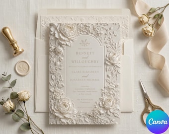 May include: An off-white wedding invitation card featuring an embossed floral border with roses and peonies. The text reads: The families of Bennett and Willoughby invite you to celebrate the marriage of Clara Elizabeth and Jonathan Michael.