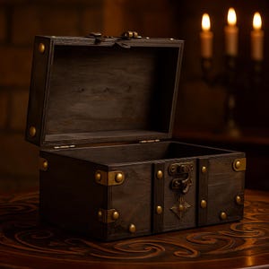 Puede incluir: Un cofre del tesoro de madera oscura abierto, con detalles de latón. El cofre tiene una tapa con bisagras y un cierre decorativo. El interior está vacío. El cofre está sobre una mesa de madera.