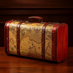 Könnte beinhalten: Ein Koffer im Vintage-Stil mit Weltkartenmuster. Der Koffer hat einen beigefarbenen Hintergrund mit detailliertem Kartenaufdruck, braunen Lederriemen und roten Eckakzenten. Er hat einen braunen Griff und messingfarbene Nieten.