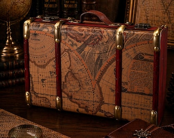 Vintage Koffer Box, Holz Aufbewahrungskoffer, Antique Map Case, Retro Leder Koffer, Dekorativ