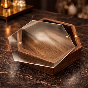Hexagon Wooden Jewelry Box – Natural Wood, Acrylic Lid Organizer (85x74x20mm)