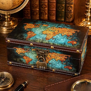 Joyero vintage con mapa del mundo y cerradura – Estuche de almacenamiento de recuerdos estilo viaje