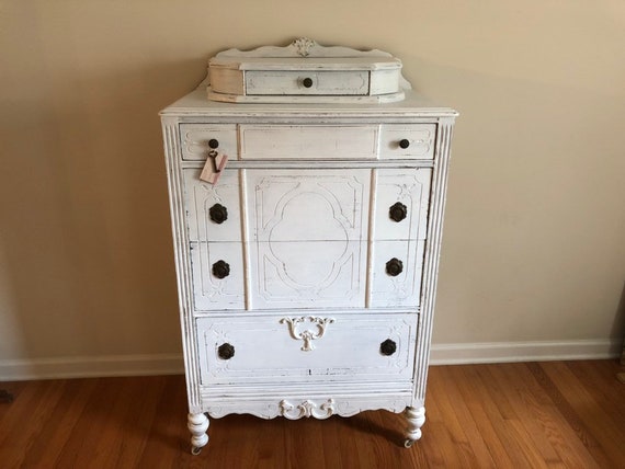 Sold Vintage Chic White Chest Of Drawers With Jewel Box Etsy