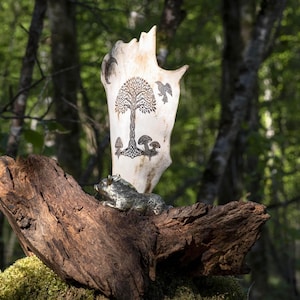 Druidic Altar Tree of Life - Gallic sculpture of oak root, engraved deer antler & bronze boar / Celtic Altar Tree of Life