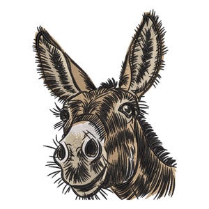 Könnte beinhalten: Ein gesticktes Design eines Eselkopfes mit detaillierten Stichen in Braun- und Schwarztönen. Der Esel hat große, aufrechte Ohren und einen freundlichen Ausdruck, ideal für Tierliebhaber.