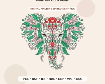 Floral Elephant Head Embroidery Design PES DST JEF - Digital Machine Embroidery File