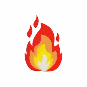 Könnte beinhalten: Ein stilisiertes Flammen-Design aus Filz in Rot-, Orange-, Gelb- und Weißtönen. Das Design zeigt einen gelben Kern, umgeben von orangefarbenen und roten Schichten, mit Weiß an der Basis. Das Bild ist vor einem weißen Hintergrund.