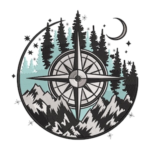 May include: Embroidered design featuring a compass rose at the center, surrounded by a mountain range, pine trees, stars, and a crescent moon. The design is in shades of black, white, and teal, creating a nature-inspired theme.