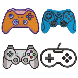 May include: Four colorful video game controllers. An orange controller with purple accents, a blue controller with black accents, a gray controller with colorful buttons, and a black controller with a plus-shaped directional pad.