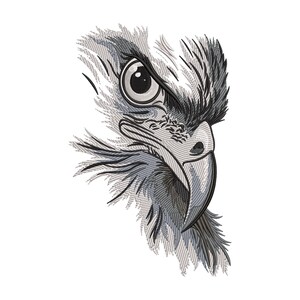 Puede incluir: Ilustración detallada en blanco, negro y gris de la cabeza de un águila, mostrando el ojo, el pico y las plumas. La obra de arte tiene una apariencia texturizada y bordada, con un enfoque en la mirada intensa y los rasgos afilados del ave.