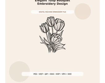 Elegant Tulip Bouquet Embroidery Design PES DST JEF - Digital Machine Embroidery File