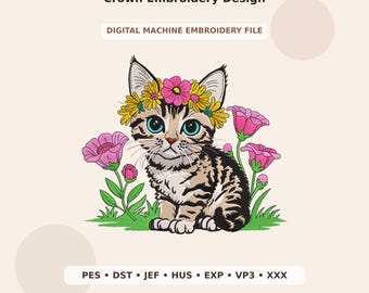 Cute Kitten with Flower Crown Embroidery Design PES DST JEF - Digital Machine Embroidery File