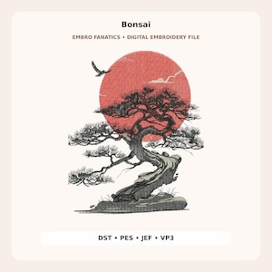 Könnte beinhalten: Eine digitale Stickdatei mit dem Titel Bonsai von Embro Fanatics. Das Motiv zeigt die Silhouette eines schwarzen Bonsai-Baums vor einer großen roten kreisförmigen Sonne, mit einem kleinen fliegenden Vogel und weißen Wolken. Text enthält DST, PES, JEF, VP3.