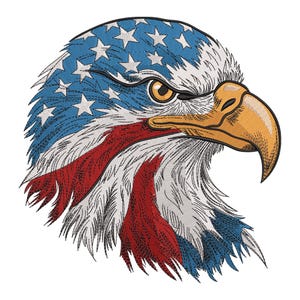 Könnte beinhalten: Gesticktes Bild eines amerikanischen Weißkopfseeadlers. Der Kopf des Adlers zeigt die Farben der amerikanischen Flagge: Blau mit weißen Sternen, rot-weiße Streifen und einen gelben Schnabel. Das Auge des Adlers ist goldfarben.