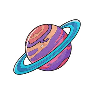 Könnte beinhalten: Eine farbenfrohe Planetenillustration mit Ring. Der Planet weist wirbelnde Muster in Rosa-, Orange- und Lilatönen auf. Der Ring ist leuchtend blau mit weißer Umrandung, vor weißem Hintergrund.