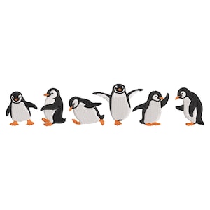 Könnte beinhalten: Eine Reihe von sechs gestickten Pinguin-Designs. Jeder Pinguin ist schwarz und weiß mit orangefarbenen Füßen und Schnäbeln. Die Pinguine sind in verschiedenen Posen, einige stehen, andere mit ausgestreckten Armen.