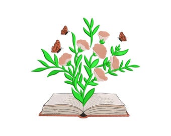 May include: An embroidered design featuring an open book with green stems and leaves sprouting from it, bearing peach-colored flowers. Three orange butterflies are scattered around the floral arrangement. The design is set against a white background.