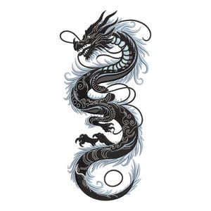 Könnte beinhalten: Ein detailliertes schwarzes Drachendesign mit komplizierten Mustern und hellblauen Akzenten. Der Drache ist in einer vertikalen Pose dargestellt, wobei sich sein Körper anmutig krümmt. Geeignet für Stickereien oder grafische Anwendungen.