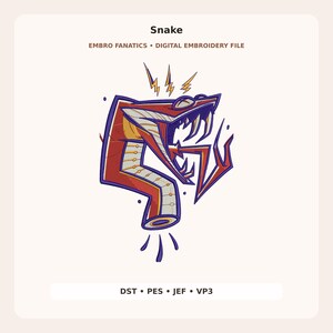 Pode incluir: Um arquivo de bordado digital apresentando uma cabeça de cobra estilizada em vermelho e roxo com presas afiadas, língua bifurcada e raios amarelos acima. O texto diz Snake, EMBRO FANATICS, DIGITAL EMBROIDERY FILE e DST, PES, JEF, VP3.