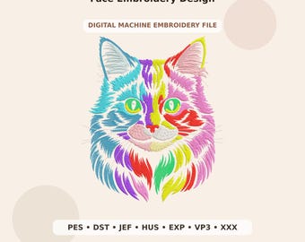 Multicolor Rainbow Cat Face Embroidery Design PES DST JEF - Digital Machine Embroidery File
