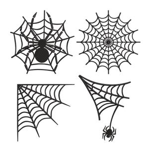 Könnte beinhalten: Schwarz-Weiß-Illustrationen von Spinnweben und Spinnen. Das Bild enthält eine Spinne auf einem Netz, ein Spinnennetz mit einer Spinne und zwei Eck-Spinnennetz-Designs. Die Spinnweben sind in verschiedenen Formen und Größen.