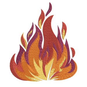 Könnte beinhalten: Gesticktes Design von Flammen in Rot-, Orange- und Gelbtönen. Die Flammen haben ein strukturiertes Aussehen, wobei detaillierte Stiche einen realistischen Effekt erzeugen. Das Design eignet sich für Aufnäher, Kleidung oder andere Bastelprojekte.