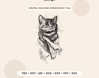 Cat with Scarf Embroidery Design PES DST JEF - Digital Machine Embroidery File