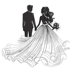 Könnte beinhalten: Schwarz-weiße Illustration eines Brautpaares, das Händchen hält. Die Braut trägt ein fließendes Kleid und hält einen Blumenstrauß. Der Bräutigam trägt einen Anzug. Geeignet für Hochzeitsmotive.