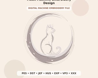 Black Cat with Crescent Moon Machine Embroidery Design PES DST JEF - Digital Machine Embroidery File