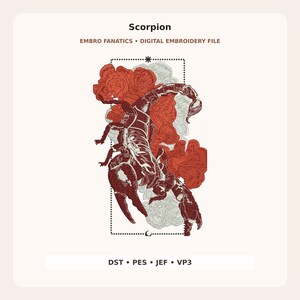 Peut inclure: Un fichier de broderie numérique intitulé Scorpion par Embro Fanatics présentant une illustration de scorpion rouge foncé superposée à des motifs floraux gris clair dans un cadre rectangulaire. Le texte inclut les formats DST, PES, JEF et VP3.
